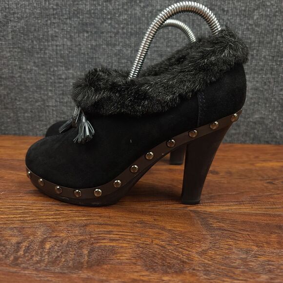 Colin Stuart Faux Fur Trim Heels Womens 8 Black Leather Fabric Studded Dress - Picture 5 of 11